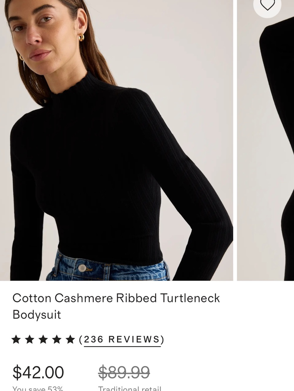Quince Cotton Cashmere Black Ribbed Mock-Neck Long Sleeve Bodysuit
